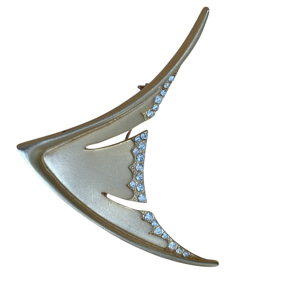 Vintage Geometric Gold Tone Rhinestone Abstract Wing‎ Boomerang Brooch Pin